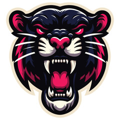 Fierce panther head illustration in bold colors, black and pink, logo or mascot design