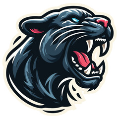 Fierce roaring panther illustration in blue and red, emblem art, symbolizes strength and power © Janis
