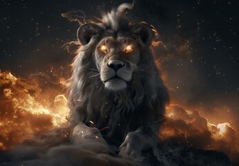 Naklejka premium A majestic lion with glowing eyes emerges from a swirling cloud of fire and smoke.
