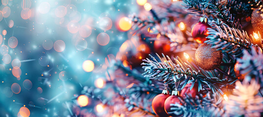 A close-up view of a decorated fir tree branch with sparkling ornaments and twinkling lights. The soft blue and gold bokeh background creates a magical and festive atmosphere