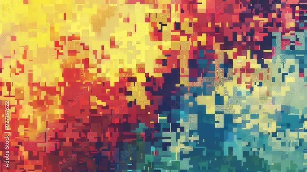 Poster The image features a colorful abstract background made up of pixelated blocks in shades of red, yellow, blue, and green. The pixels are arranged in a random, swirling pattern, creating a dynamic and v