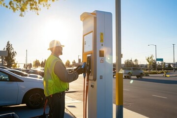 Worker Operating EV Charging Station