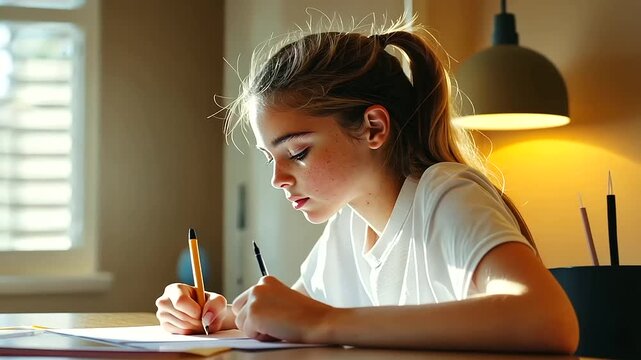 Side profile of a focused young teenage girl holding a pencil while taking an exam. The image captures a diligent college or high school student sitting at a table, writing on a paper test. Perfect fo