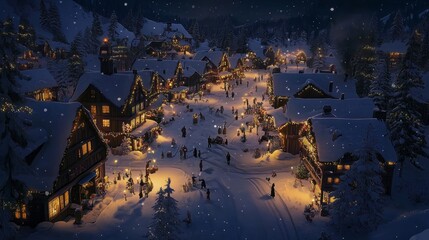 Obraz premium Enchanting Winter Wonderland: Cozy Village Aglow with Holiday Lights