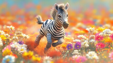 A vivid 3D vector of a joyful baby zebra, running through a field of colorful flowers