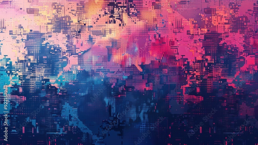 Aufkleber An abstract digital art piece featuring a blend of pink and blue hues, with a pattern of overlapping rectangles and lines creating a textured and dynamic effect.
