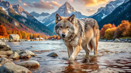 Fototapeta premium A wolf carefully walks along a rocky river among mountain landscapes. A lone wolf in a clear mountain river against the backdrop of majestic mountains.