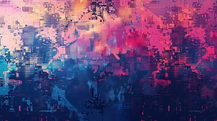 An abstract digital art piece featuring a blend of pink and blue hues, with a pattern of overlapping rectangles and lines creating a textured and dynamic effect.