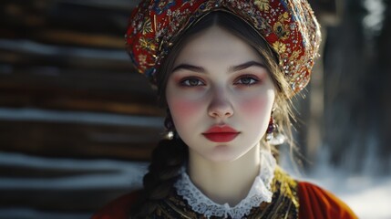 Fototapeta premium A young Russian woman adorned in a traditional headdress is captured outdoors, showcasing her heritage against a picturesque winter backdrop