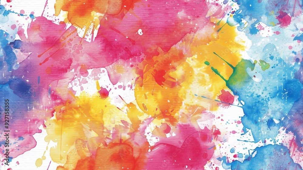 Poster a vibrant watercolor painting features abstract splashes of red, yellow, blue, and pink on a white b