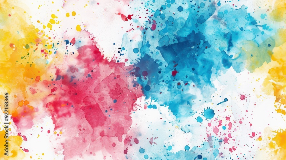 Poster a close-up shot of an abstract watercolor painting featuring vibrant splashes of red, blue, and yell