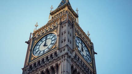 Clock Tower Majesty: Intricate Detail Against Azure Sky - Architectural Photography