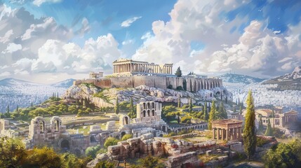 Obraz premium A panoramic view of the Acropolis in Athens, Greece. The ancient Greek structures stand majestically atop a hill overlooking the modern city below. The sky is a bright blue with fluffy white clouds, a