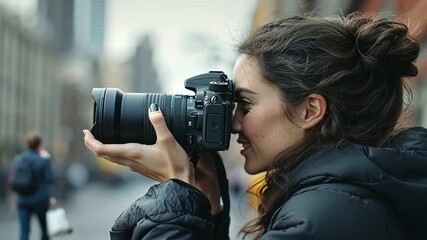 Detailed view of a young, beautiful woman with a black camera pressed to her face, as she takes a picture. The shot emphasizes her role as a photographer and her engagement in capturing moments
