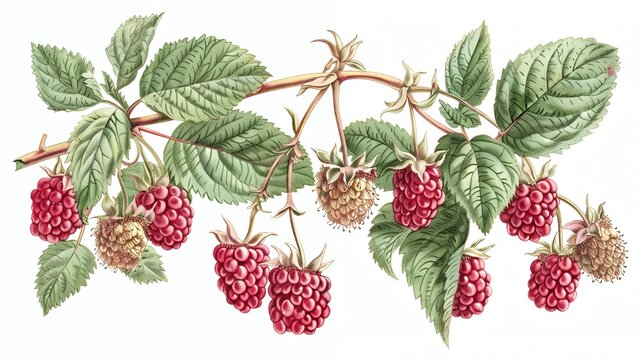 Watercolor illustration of a raspberry branch with red ripe raspberries and green leaves isolated on white background.
