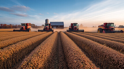 Fototapeta premium Combine harvesters working on a soybean farm with red barn in autumn morning light.