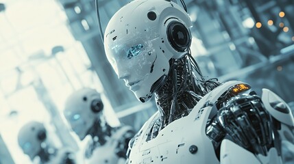 Close up of a futuristic robot with exposed wiring.