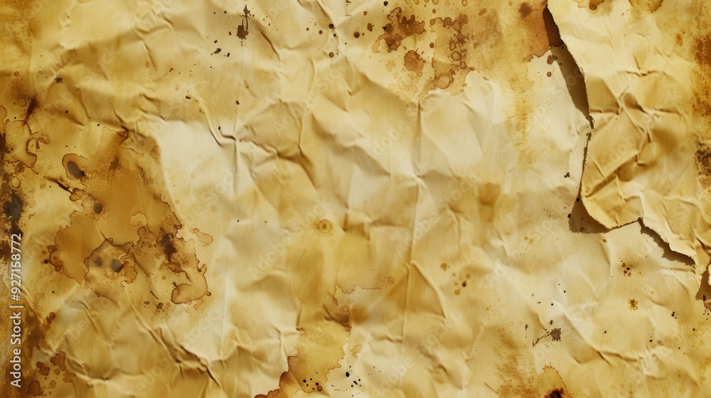 Poster a close-up image of a textured piece of crumpled paper, showcasing a variety of brown stains and spl