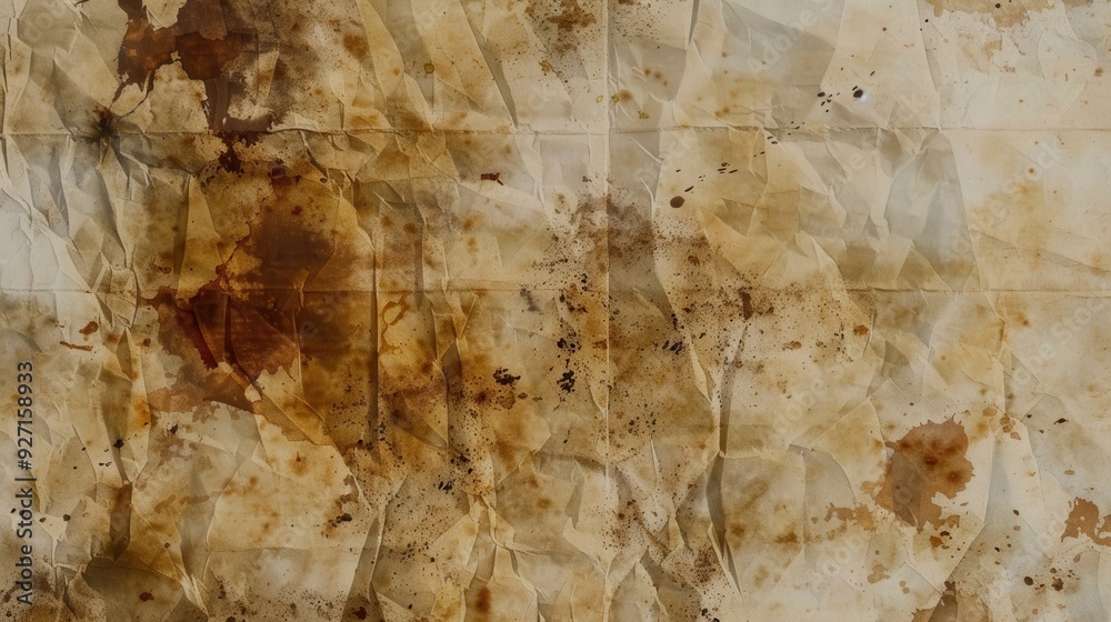 Poster A close-up view of a sheet of brown paper that has been crumpled and folded, leaving behind wrinkles and creases. The paper has several brown stains, some larger than others, that appear to be from a 