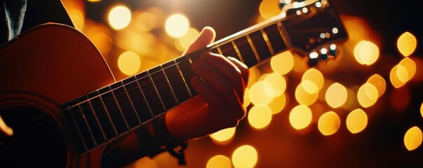Fototapeta premium Close-up of a hand playing an acoustic guitar with bokeh lights in the background.