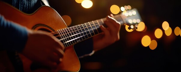 Naklejka premium Closeup of a musician's hand playing an acoustic guitar.