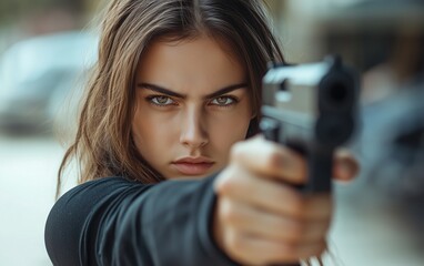 Determined woman aiming handgun: Intense focus and steady grip in action pose. Portrays self-defense, action movie concept, or firearms training for thriller book covers and personal safety campaigns.
