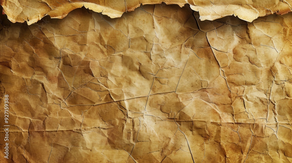Poster a close-up image of a brown paper texture with a torn edge. the paper is wrinkled and creased, givin