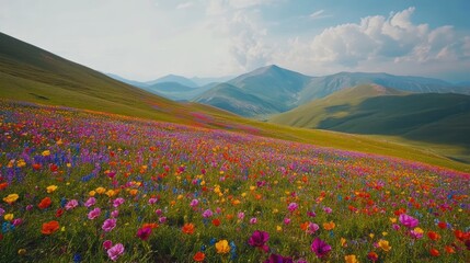 Obraz premium Bird's eye view of a vibrant mountain meadow in full bloom, with bright flowers spreading out towards the distant horizon