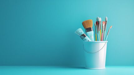  a bucket with a pink and blue design holding a variety of paintbrushes.