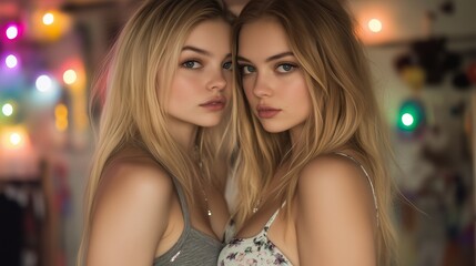 Close-up of Two Beautiful Young Women Embracing with Colorful Lights in the Background