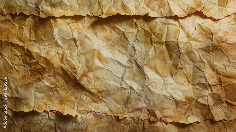 Poster a close-up image of a sheet of brown paper that has been crumpled and folded. the paper has a rough,