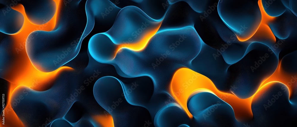 Poster abstract digital art with flowing blue and orange shapes, creating a dynamic, fluid, and energetic v