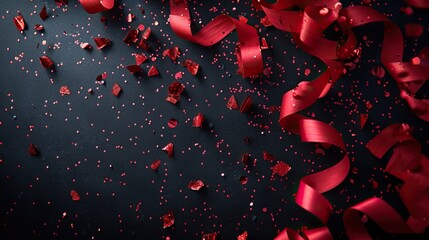 A Black Friday sale banner design showcasing red party streamers and confetti against a black background.