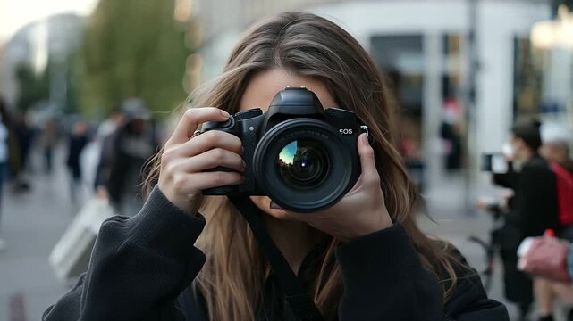 a young, beautiful woman with a black camera pressed to her face, as she takes a picture. The shot emphasizes her role as a photographer and her engagement in capturing moments