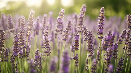 Obraz premium Close-up of purple lavender flowers in a field with a blurred background.