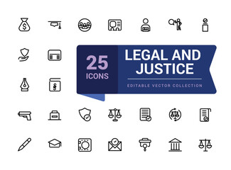 Set of law, justice, legal, judgment line icons. Pixel perfect, minimalistic web and UI icon. Outline icon collections. Editable vector illustration.