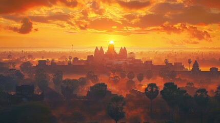 A panoramic view of the iconic Angkor Wat temple complex in Cambodia bathed in the warm glow of a sunrise. The ancient temple towers above the surrounding jungle, while the sky is ablaze with vibrant 