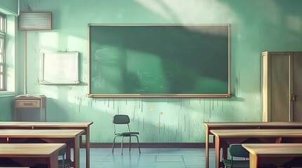 Empty classroom with neatly arranged desks and chairs, bathed in soft natural light streaming through the windows, creating a calm a Seamless looping 4k time-lapse virtual video animation Generated AI