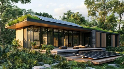 Sustainable Living in Style: Modern Eco-Friendly Home with Solar Panels, Green Roof, and Landscaping