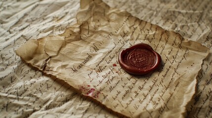 A close-up shot of an old letter with a red wax seal on a crumpled page. The letter is written in cursive script and the wax seal is intact. The paper is yellowed and wrinkled with age.