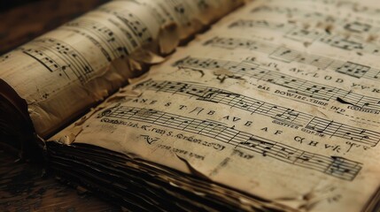 Naklejka premium A weathered and worn music book lays open on a wooden surface, revealing handwritten music notes, lyrics, and a faded paper texture. The book's edges are curled, showcasing its age and history of use.