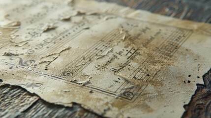 Naklejka premium A close-up shot of a piece of old, tattered sheet music, with the words Liebesbrief and Beethoven visible. The paper is yellowed and worn, with some of the edges torn and frayed. The musical notes are