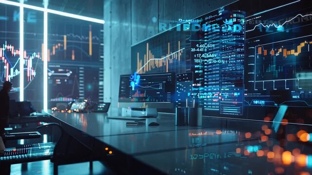 Cyber Trading Hub: A futuristic office with glowing screens displaying complex financial data.  A sense of urgency and focus permeates the space as a lone trader monitors the market, analyzing trends 