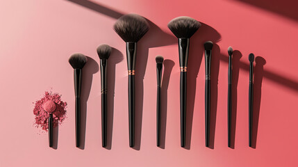Makeup brushes of various shapes and sizes, arranged on colorful striped paper. Pink blush is scattered around.


