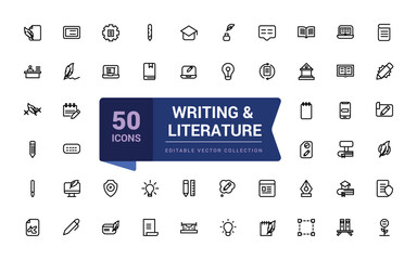 Writing and literature icons. Contains such icons as hand writing, calligraphy, study and more. Pixel perfect, minimalistic web and UI icon. Outline icon collections.