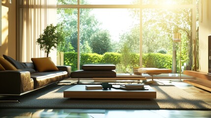 Modern Living Room Design: Stylish Furniture, Coffee Table, and Large Window