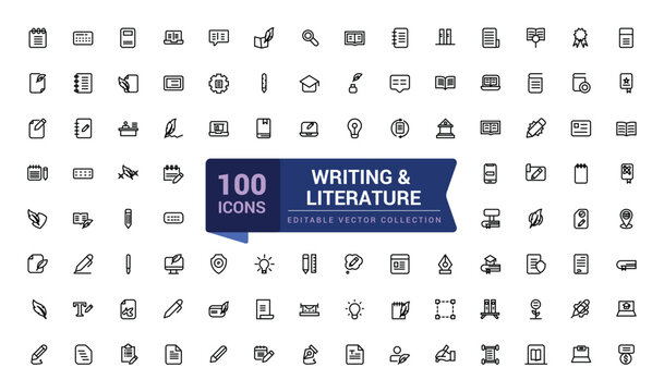 Writing and literature icons. Contains such icons as hand writing, calligraphy, study and more. Pixel perfect, minimalistic web and UI icon. Outline icon collections.