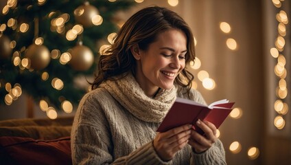 Happy woman reading a christmas greeting card