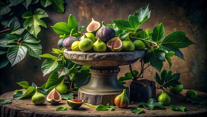 enchanting still life presents green figs and lush foliage on weathered stone pedestal with soft warm light and whimsical romantic ambiance