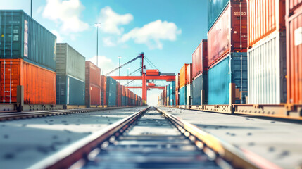 Cargo containers line the railway platform, ready for delivery amid a bustling logistics hub under a bright blue sky